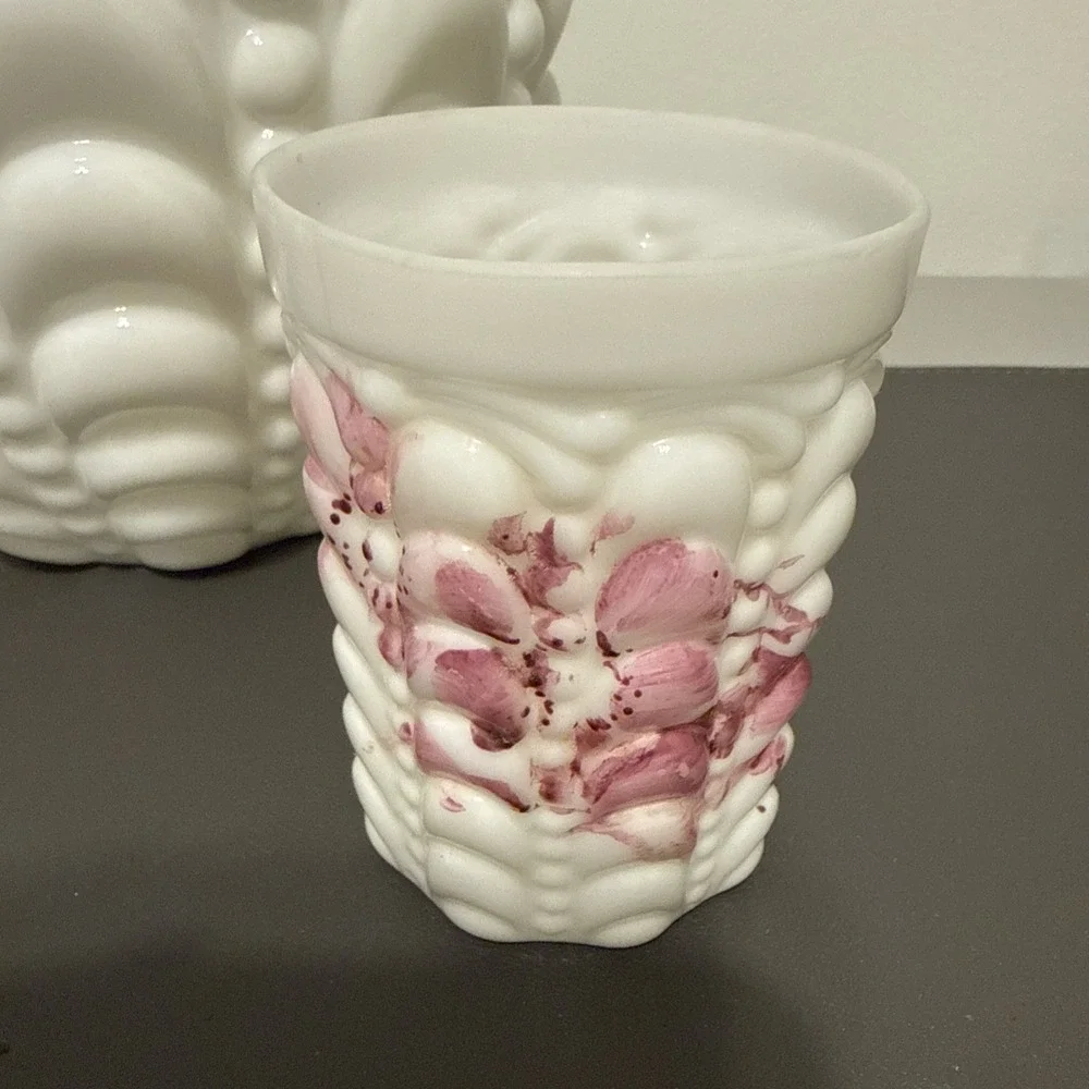 Antique Consolidated Glass Guttate Milk Glass Pitcher & Tumbler Set White Gold
